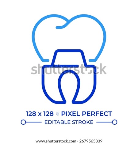 Tooth crown pixel perfect two color line icon. Cosmetic dentistry. Oral healthcare. Dental implant bicolor outline symbol. Duotone linear pictogram. Isolated illustration. Editable stroke