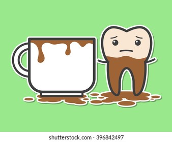 Tooth and cup of coffee. Coffee makes your teeth yellow. Funny vector illustration