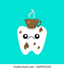 Diente y una taza de café caliente triste personaje de caricatura sucio en manchas marrones objeto de fondo azul concepto de atención de salud y odontología