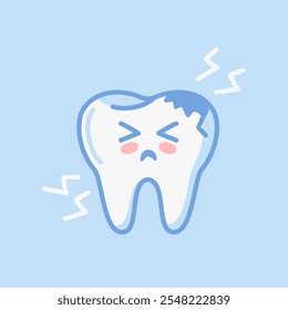 Tooth. Cute character in kawaii style. Diseased organ, digestive system. Caries, crack. Pulpitis. Vector illustration, flat style. Health problems. For sticker, books, design element. Medical brochure