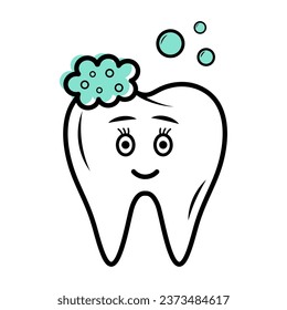 Tooth cute character with toothpaste and bubbles. Linear doodle icon with blue shape. Dental care. Teeth cleaning. 