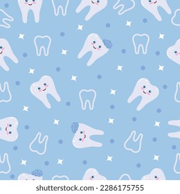 Tooth cute kawaii seamless pattern for kids or pediatric dentist supplies. Pastel blue and white molars vector stock repeat pattern for poster background.