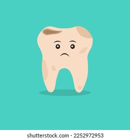 Tooth decay. Bad tooth. Dental care background. Unhealthy teeth on mint background. Vector illustration flat design.