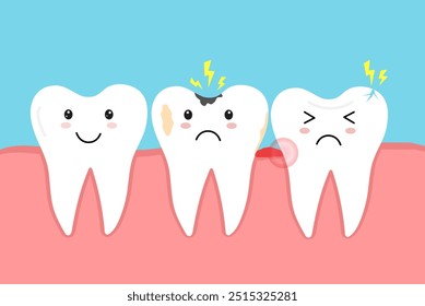 Cárie dentária. Dente quebrado. Dente danificado. Placa terth. Cárie dentária. Dor de dente molar, inflamação e inchaço da gengiva. Ilustração vetorial