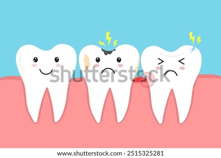 Tooth decay. Broken tooth. Damaged tooth. Plaque teeth. Dental caries. Toothache molar. inflamed and swollen gum. Vector illustration