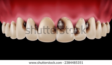 Tooth decay and calculus on teeth Caused by dense plaque in the teeth. Medical oral health concept, dentist. Realistic vector illustration.