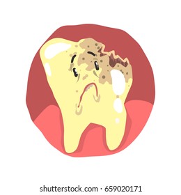 Tooth-Zerfall-Cartoon-Charakter mit trauriger Gesicht, Vektorgrafik