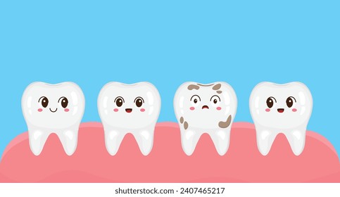 Tooth decay, cavities. Unhealthy teeth plaque, toothache, gum pain. Vector illustration in cartoon style. Kawaii mascot collection for medical apps, websites and hospital. Healthy and diseased teeth.