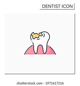 Tooth decay color icon. Oral surgeons treatments in dental caries. Healthcare procedures helps protect tooth concept. Unhealthy teeth. Isolated vector illustration