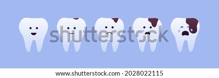 Tooth decay concept. Vector flat character illustration. Stages of teeth caries with face isolated on blue background. Emotions from happy to sad. Design for healthcare, dentistry