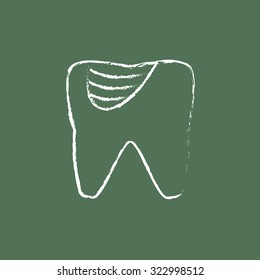 Tooth decay hand drawn in chalk on a blackboard vector white icon isolated on a green background.