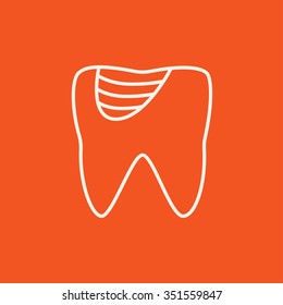Tooth decay line icon for web, mobile and infographics. Vector white icon isolated on red background.