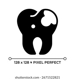 Zahn Zerfall Pixel perfekte Glyphe Solid Icon. Zahnkaries, Stomatologie. Infektion, Zahnschmerzen. Mundhygiene, Gesundheit. Schwarzes Silhouettensymbol auf negativem Raum. Vektorgrafik einzeln