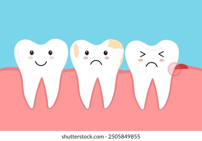 Tooth decay. Plaque teeth. Dental caries. Toothache molar. inflamed and swollen gum. Vector illustration