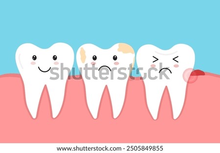 Tooth decay. Plaque teeth. Dental caries. Toothache molar. inflamed and swollen gum. Vector illustration