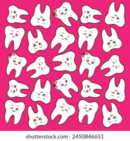 Tooth decay with sad, happy, smiling and winking face on pink background. Teeth with cavities