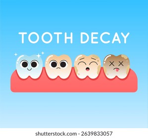 Tooth Decay Stages Vector Illustration. Cute Cartoon Teeth Showing Progression from Healthy to Rotten in a Flat Educational Dental Graphic