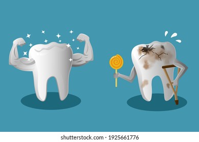 Tooth Decay Vector Illustration Holding A Lollipop And Image Of White Teeth Healthy, Dental