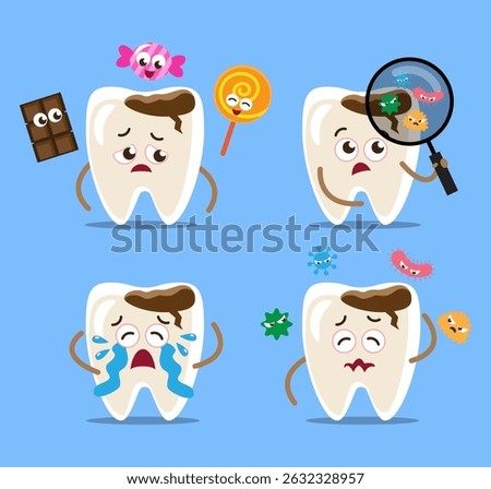 Tooth decayed or Dental caries . Set of teeth cartoon characters . Isolated on blue background . Vector .