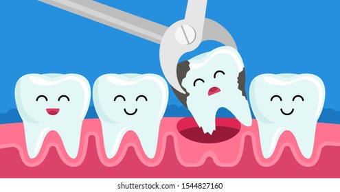 tooth decayed tooth is removed with tweezers in the oral cavity. concept of children's dentistry. Kawaii facial expressions in teeth. vector illustration