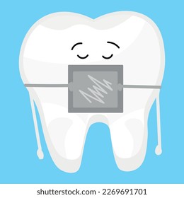 Tooth with dental brace on light blue background