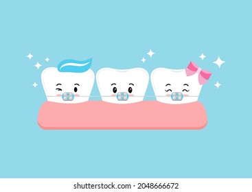 Tooth with dental braces in gym cute character. Dental braces on emoji white tooth orthodontic bracket correction treatment concept. Vector flat design kawaii style kid dentistry mascot illustration.