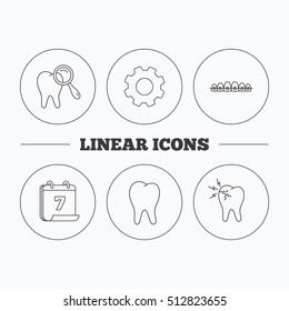 Tooth, dental braces and toothache icons. Dental diagnostics linear sign. Flat cogwheel and calendar symbols. Linear icons in circle buttons. Vector