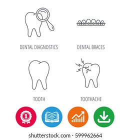 Tooth, dental braces and toothache icons. Dental diagnostics linear sign. Award medal, growth chart and opened book web icons. Download arrow. Vector