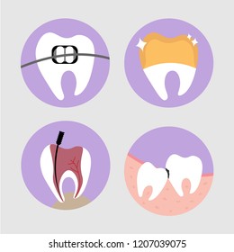 Tooth and dental care: bracing, crown, root canal treatment and wisdom tooth. Flat design circle icons. Vector illustration. 