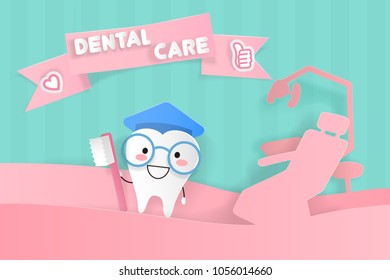 tooth with dental care concept on the green background