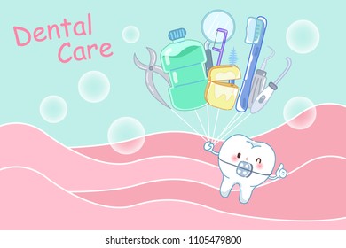 tooth with dental care concept on the green background