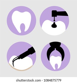 Tooth and dental care: filling, scaling and extraction. Flat design circle icons. Vector illustration. 