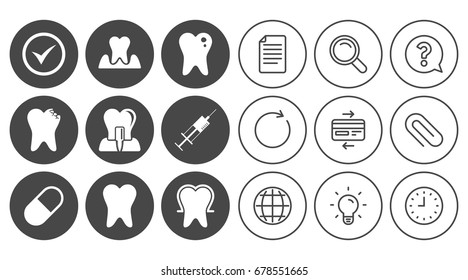 Tooth, dental care icons. Stomatology, syringe and implant signs. Healthy teeth, caries and pills symbols. Document, Globe and Clock line signs. Lamp, Magnifier and Paper clip icons. Vector