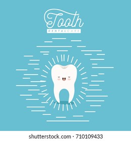 tooth dental care kawaii caricature with eyes closed and smiling expression on color poster with lines vector illustration