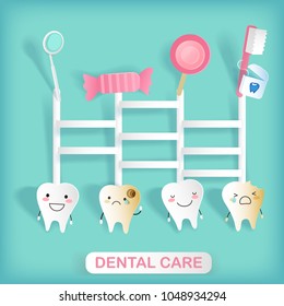 tooth with dental care on the green background