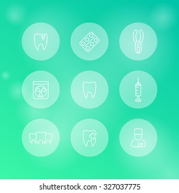 Tooth, dental care, dental pliers, toothcare, stomatology, line round white icons, vector illustration