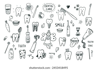 Tooth dental care vector doodle line illustrations set.