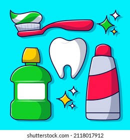 Tooth dental cleaning equipment with colored hand drawn cartoon style