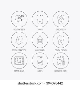 Tooth, dental crown and mouthwash icons. Caries, tooth extraction and hygiene linear signs. Brushing teeth flat line icon. Linear colored in circle edge icons.