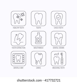 Tooth, dental crown and mouthwash icons. Caries, tooth extraction and hygiene linear signs. Brushing teeth flat line icon. Flat linear icons in squares on white background. Vector