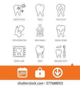 Tooth, dental crown and mouthwash icons. Caries, tooth extraction and hygiene linear signs. Brushing teeth flat line icon. Download arrow, locker and calendar web icons. Vector