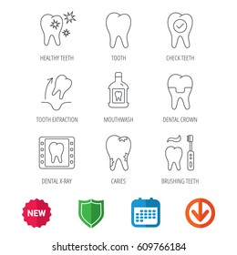 Tooth, dental crown and mouthwash icons. Caries, tooth extraction and hygiene linear signs. Brushing teeth flat line icon. New tag, shield and calendar web icons. Download arrow. Vector