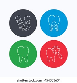 Tooth, dental diagnostics and toothpaste icons. Dentinal tubules linear sign. Linear icons on colored buttons. Flat web symbols. Vector