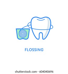Tooth with dental floss isolated on white. Teeth flossing icon. Teeth care and hygiene pictogram. Flat line style logotype. Stomatology emblem.