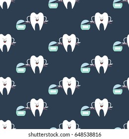 Tooth and dental floss pattern on the blue background. Vector illustration