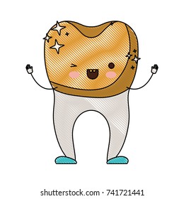 tooth with dental golden crown cartoon in colored crayon silhouette vector illustration