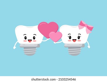 Tooth dental implant couple in love with hearts. Happy Valentines Day teeth holds pink heart for dentist greeting card. Flat design cartoon funny dent surgery character vector illustration. 
