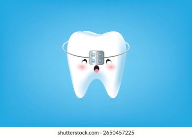 Tooth with dental implant and metal braces on blue background. Suitable for implant ads, orthodontic visuals, and clinics.