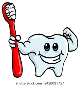 Tooth Dental Mascot Cartoon Character with Toothbrush Vector