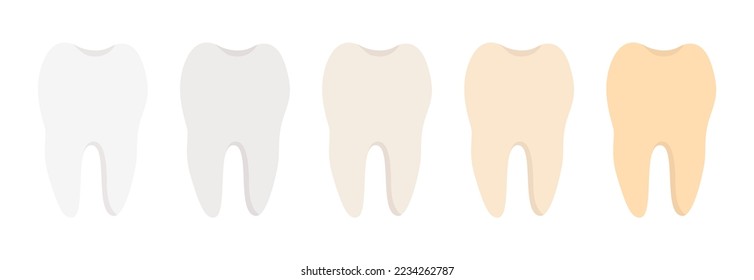 Conjunto de iconos de etapas de placa dental dental dental. Dientes en diferentes etapas del desarrollo del cambio de color. Ilustración vectorial de caricatura plana aislada en el fondo. Higiene dental, blanqueamiento y concepto de tratamiento.